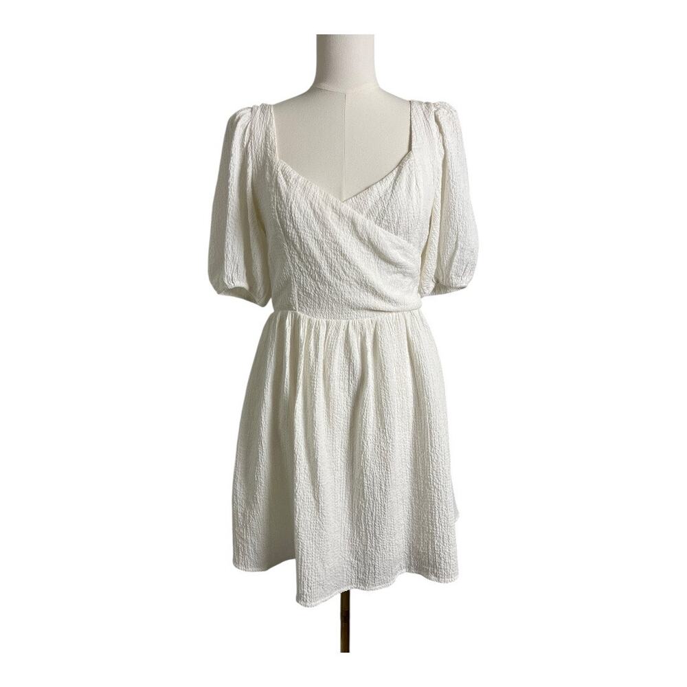 Lulus Little Bit In Love White Surplice Puff Sleeve Mini Dress crinkle S Small
